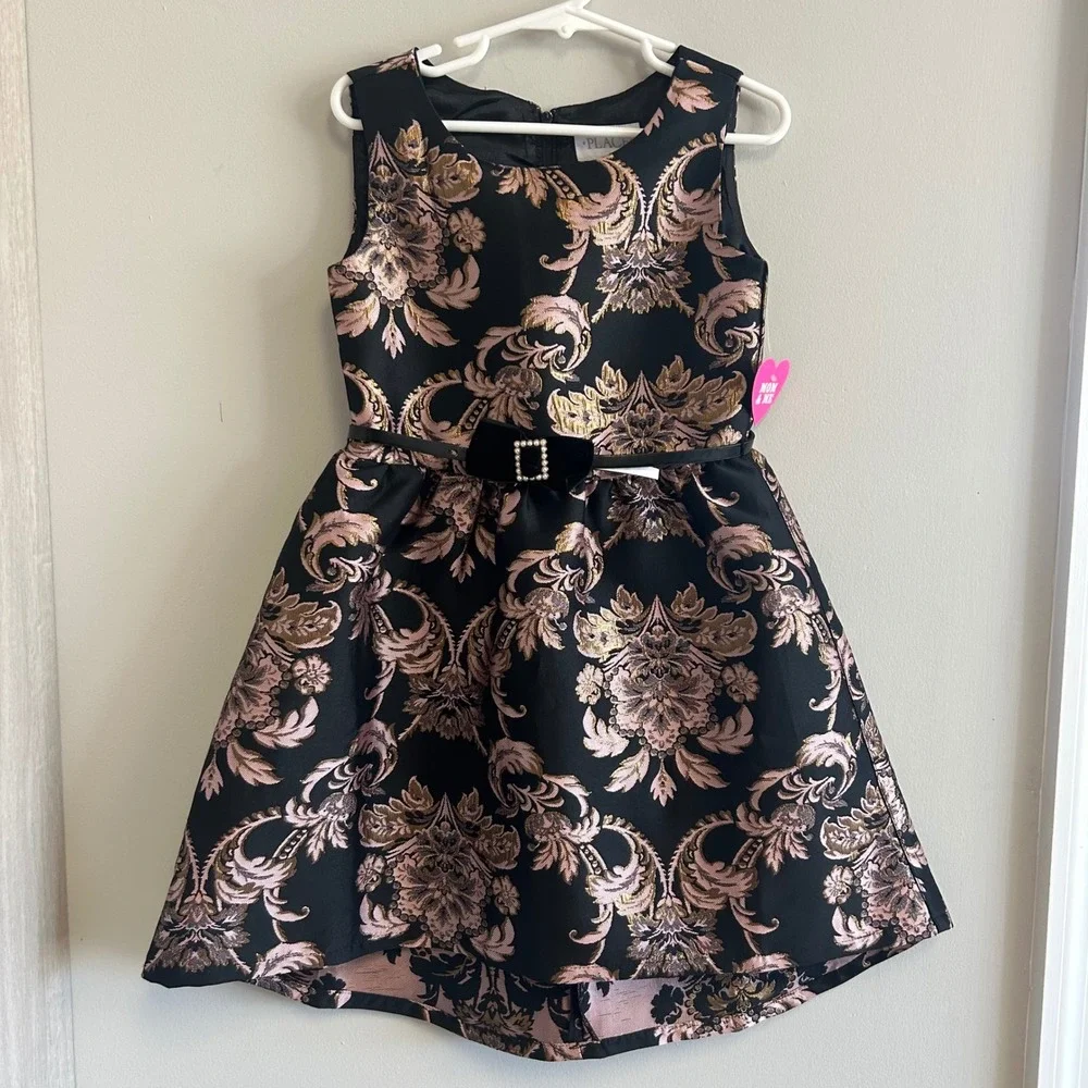 Childrens Place Black Gold Floral‎ Brocade Dress Party Holiday Occasion Size 5